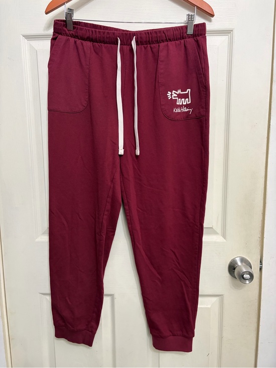 Pants - Keith Haring burgundy jogger sweatpant barking dog graphic on pocket size Medium